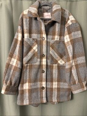 Lucky Brand Gray and Brown Plaid Shacket